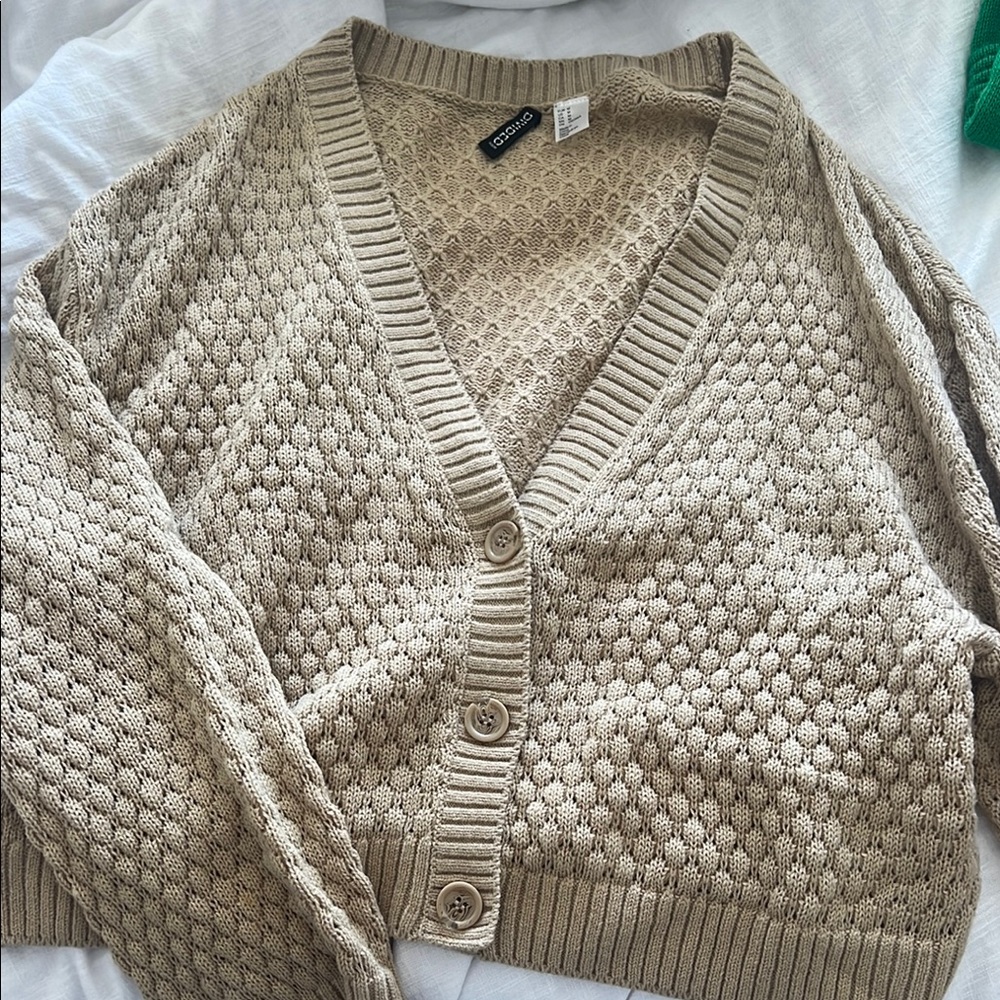 H&M Tan Cardigan Sweater with Textured Knit